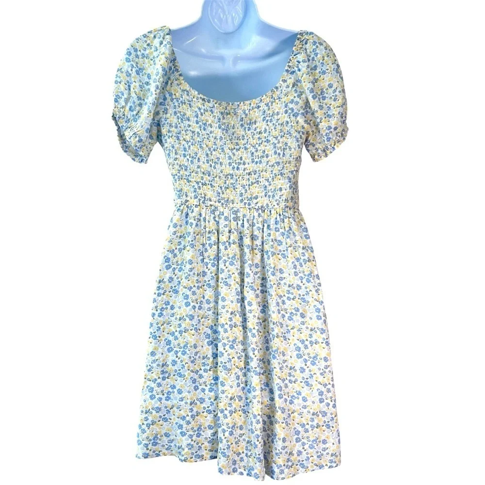 Hollister Smocked Milkmaid Mini Dress Floral Blue Yellow Size M